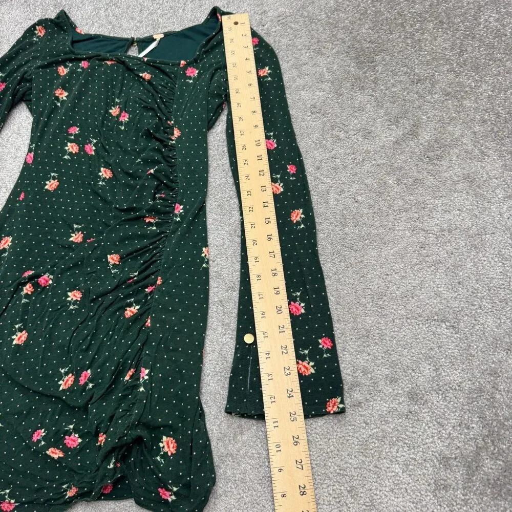 Free People Floral Polka Dot Ruched Long Sleeve Mini Dress Womens Small Green